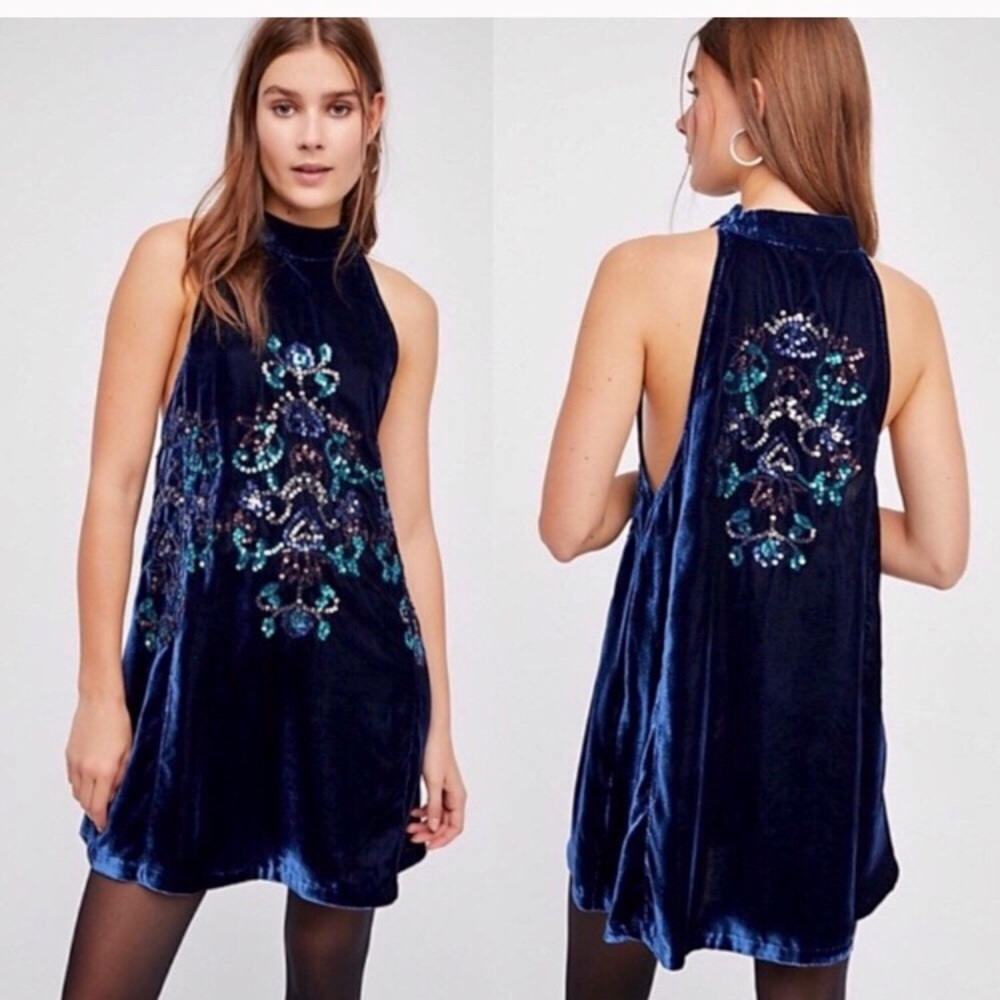 FREE PEOPLE Blue Velvet Sequin Jill Swing Dress